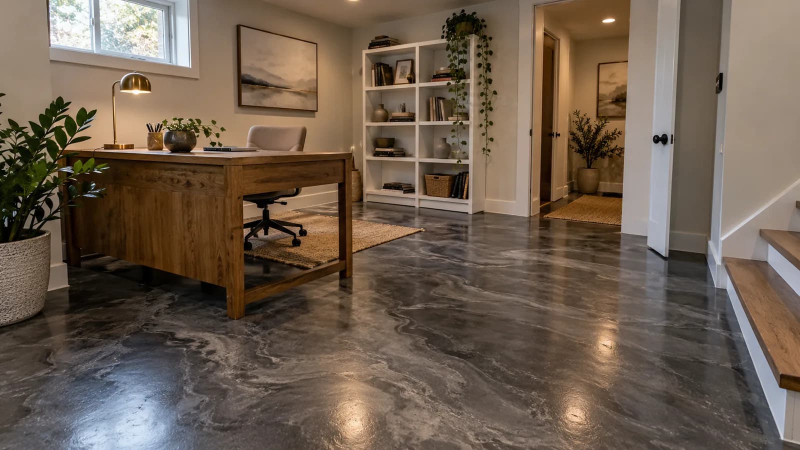 Illustrative home office with a dark marbled decorative floor finish.