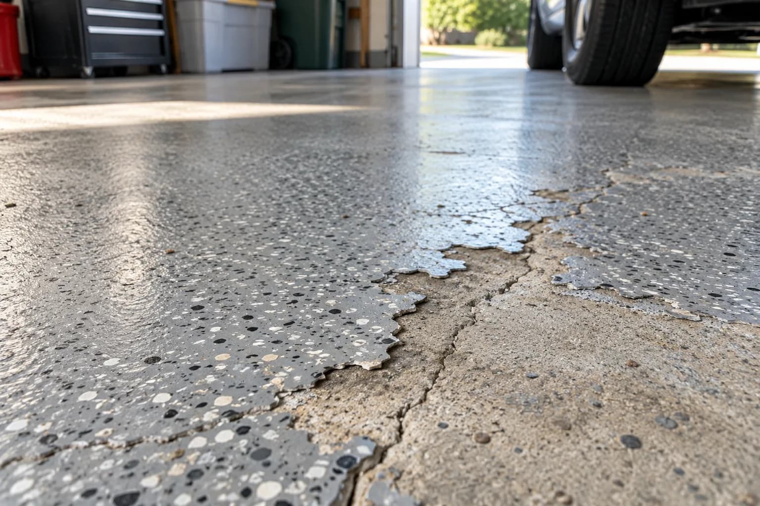 Illustrative close view of a flake floor coating lifting from cracked concrete.